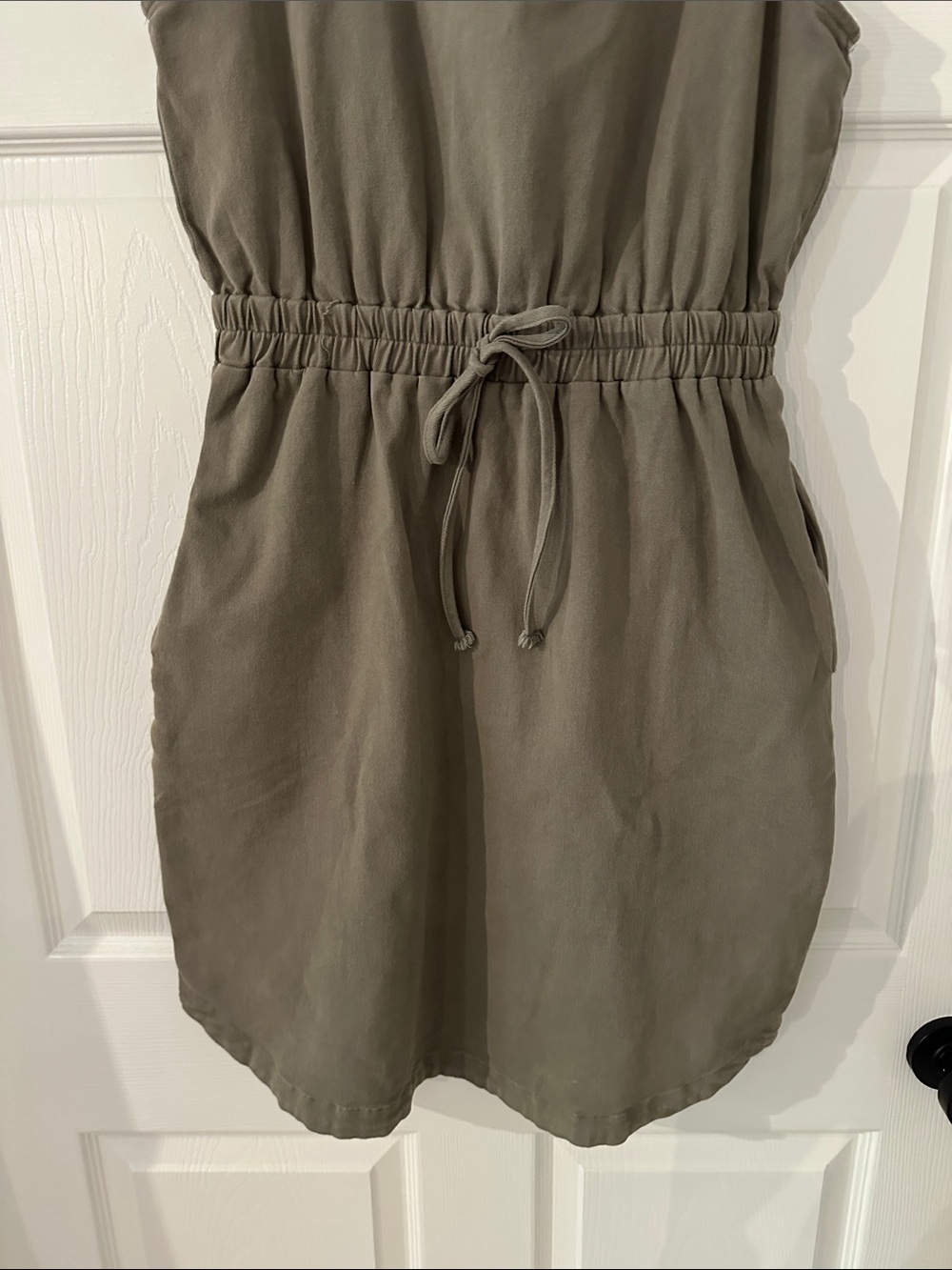 Sleeveless Denim Drawstring-Waist Mini Dress in Olive - Picture 5 of 6